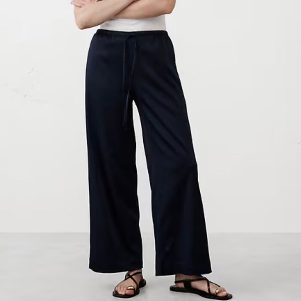 Banana Republic Factory Wide Leg Crinkled Satin Pull on Pant Navy Blue XXL